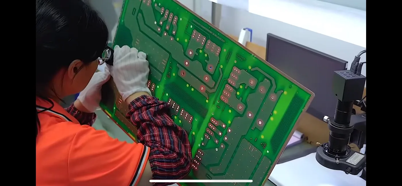 Technician inspecting a printed circuit board for an electronics manufacturing project